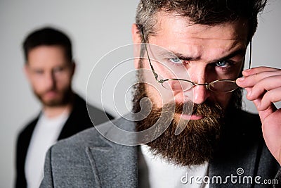 Hipster eyeglasses. Man handsome bearded hipster wear eyeglasses. Eye health and sight. Optics and vision concept Stock Photo