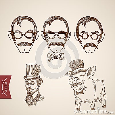 Hipster faces mustache pig engraving lineart vector vintage Vector Illustration
