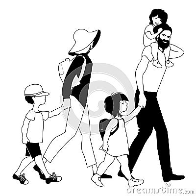 Hipster family strolling. Three children. Stock Photo