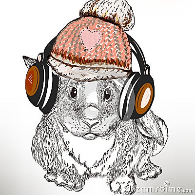 Hipster fashion illustration with rabbit listen music in headphone Cartoon Illustration