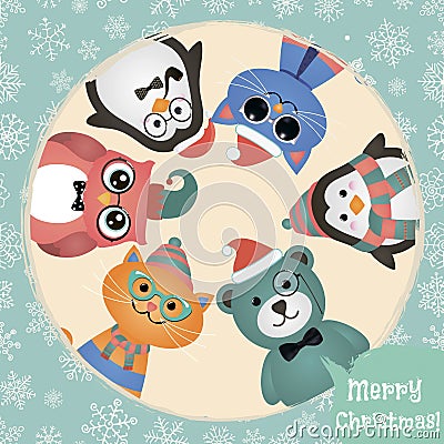 Hipster Fashion Retro Animals and Pets Christmas Background Vector Illustration