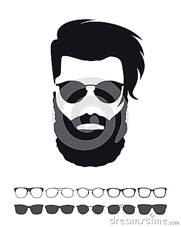 Hipster Fashion Set. Bearded Face Avatar Silhouette. Haircuts, B Vector Illustration