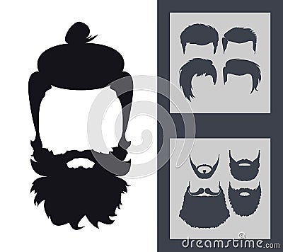 Hipster Fashion Set. Bearded Face Avatar Silhouette. Haircuts, B Vector Illustration