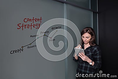 Hipster freelancer woman holding a tablet and standing near a business idea sketch on blackboard Stock Photo