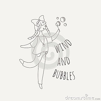 Hipster girl blowing soap bubbles. Beauty cartoon woman. Vector Illustration