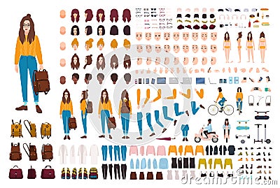 Hipster girl creation kit. Set of flat female cartoon character body parts, facial gestures, hairstyles, trendy clothing Vector Illustration