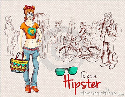 Hipster girl crowd Vector Illustration