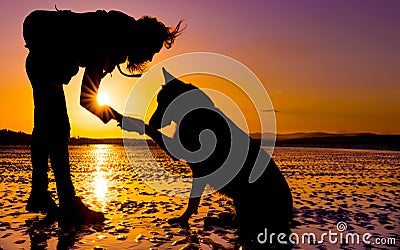 Hipster girl playing with dog at a beach during sunset, silhouettes Stock Photo