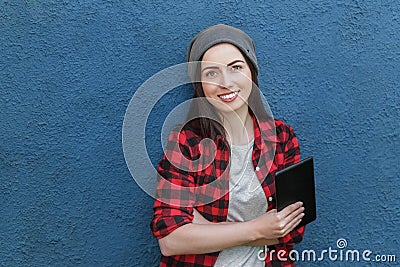 Hipster girl with tablet computer Stock Photo