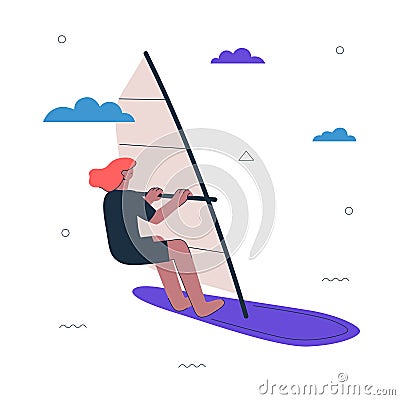 Hipster girl windsurfer. Young woman on windsurf. Healthy active lifestyle and extreme windsurfing sport creative Vector Illustration