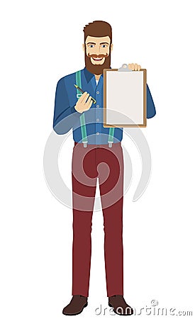 Hipster giving pen for your signature on clipboard Vector Illustration