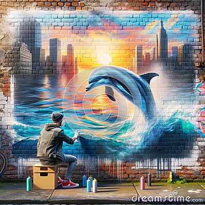 Hipster Graffiti Artist Dolphin Mural Painting Ocean Scene Brick Wall Vintage City Building AI Generated Stock Photo