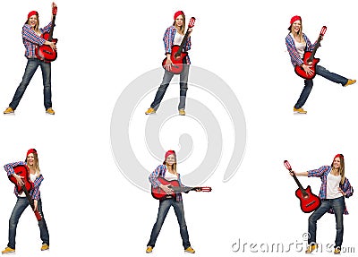 The hipster guitar player isolated on white Stock Photo