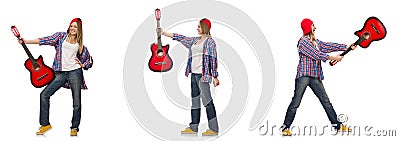 The hipster guitar player isolated on white Stock Photo