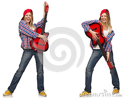 The hipster guitar player isolated on white Stock Photo