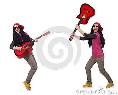 The hipster guitar player on white Stock Photo