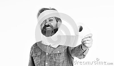 Hipster Guy having fun. Softness strength and absorbency. Prevent Toilet Paper Hoarding. Shortage of goods. Coronavirus Stock Photo