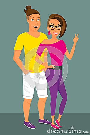 Hipster guy and his brunette pretty girlfriend are Vector Illustration