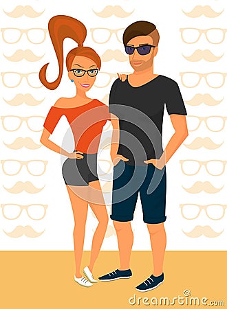 Hipster guy and his smiling girlfriend wearing red Vector Illustration