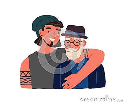 Hipster guy hugging old grandfather feeling love and tenderness vector flat illustration. Happy adult grandchild and Vector Illustration