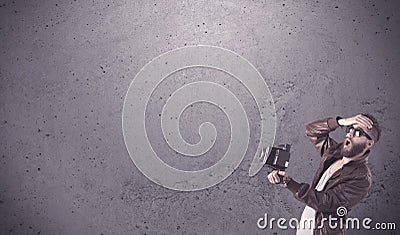 Hipster guy with vintage camera and beard Stock Photo