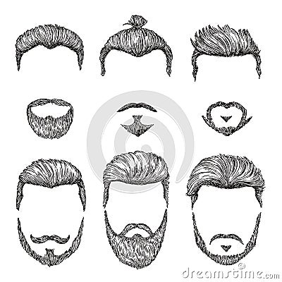 Hipster haircut. Hand drawn vintage hair styles. Isolated man beards and moustache models. Creative fashionable male Vector Illustration