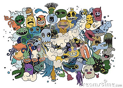 Hipster Hand drawn Crazy doodle Monster City,drawing style Vector Illustration