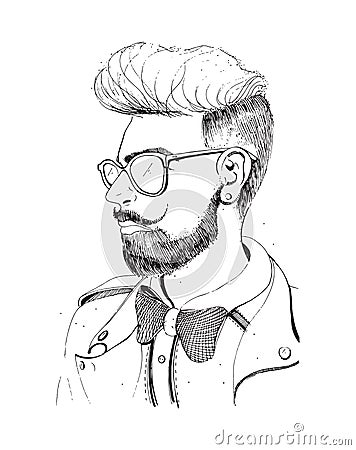 Hipster head with beard, sunglasses. Silhouette man fashion, retro, vintage style on white background. Vector Illustration