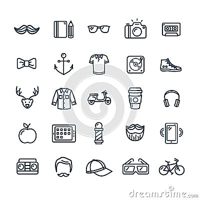 Hipster Icon Black Thin Line Set. Vector Vector Illustration