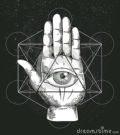 Hipster illustration with sacred geometry, hand, and all seeing eye symbol inside triangle pyramid. Masonic symbol. Vector Illustration