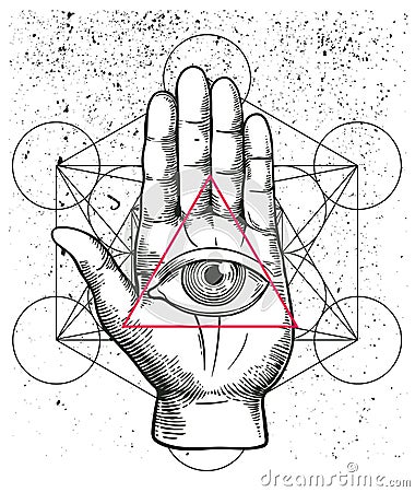 Hipster illustration with sacred geometry, hand, and all seeing eye symbol nside triangle pyramid. Eye of Providence. Masonic Vector Illustration