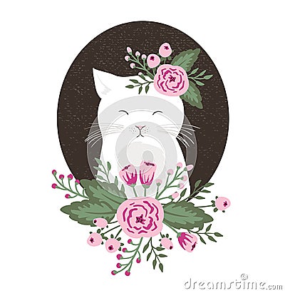 Hipster kitty with flowers on vintage textured background, cat hand drawn. Vector Illustration