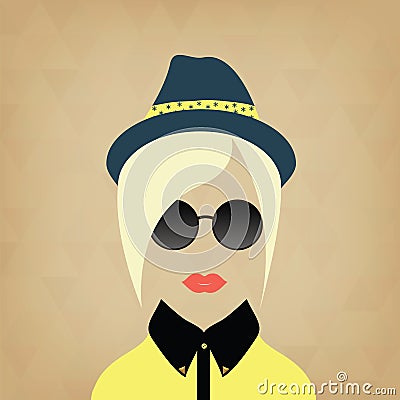 Hipster lady. Accessories hat, sunglasses, collar. Stock Photo