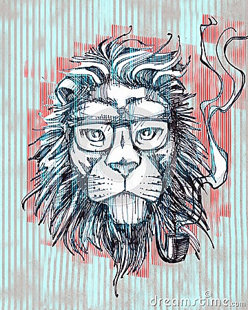 Hipster lion smoking pipe Cartoon Illustration