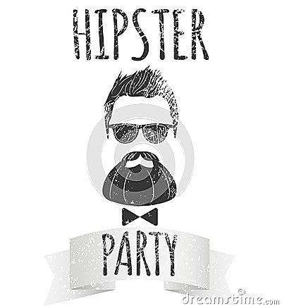 Hipster male with eyeglasses with lettering - Hipster party. Fashion vintage Vector illustration for logo, poster and t Vector Illustration