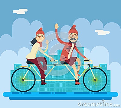 Hipster Male Female Characters Riding Companion Vector Illustration