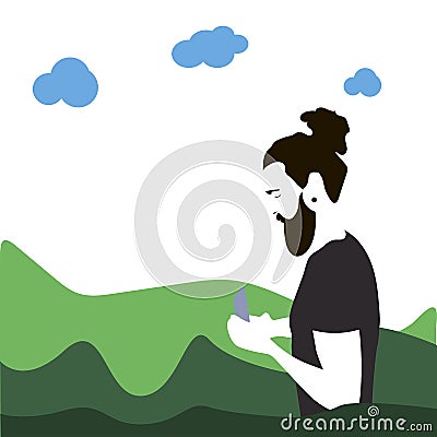 Hipster man with a beard, using a smartphone on the background of the Park. Vector Illustration