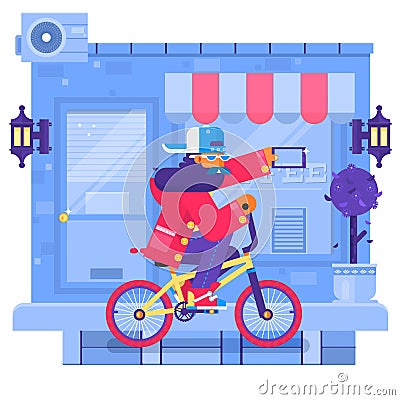 Hipster man cycling his fixie bike in urban environment. Flat vector illustration Vector Illustration