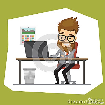 Hipster man in an office suit working on a laptop Vector Illustration