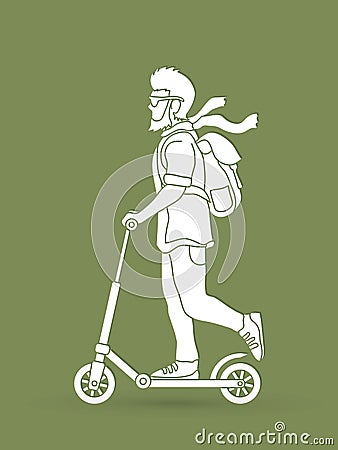 Hipster man riding kick scooter Vector Illustration