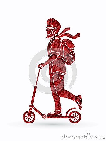 Hipster man riding kick scooter Vector Illustration