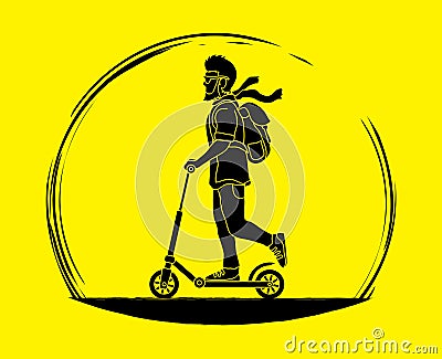 Hipster man riding kick scooter Vector Illustration