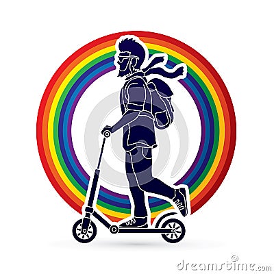 Hipster man riding kick scooter Vector Illustration