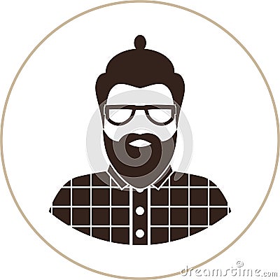 Hipster man silhouette, flat icon - a man with glasses, mustache and beard, wearing an in a plaid shirt. Vector Illustration
