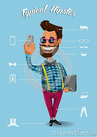 Hipster man with smartphone phone make photo of Vector Illustration