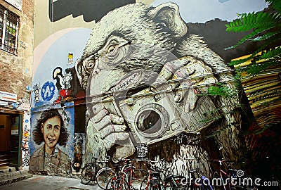 Hipster monkey with mobile phone and camera, unknown artist graffiti Editorial Stock Photo