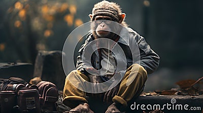 Hipster monkey sitting in the street Stock Photo