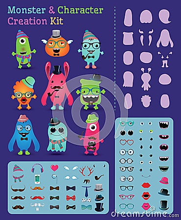 Hipster Monster and Character Creation Kit Vector Illustration