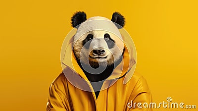 Hipster panda in a coat on a yellow background Stock Photo