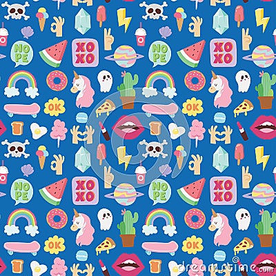 Hipster patches elements hand drawn cute fashionable stickers doodle pop art sketch pins comic seamless pattern Vector Illustration